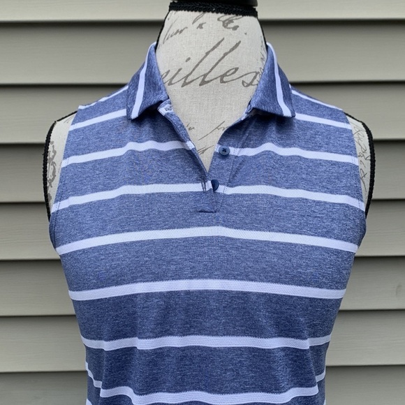 NIKE DRI-FIT Sleeveless Striped Golf Polo - Heathered Blue/White - Picture 10 of 16